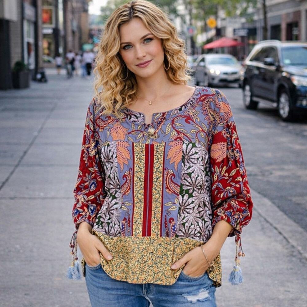 Anthropologie Blouse BOHO Top Womens Small Paisley Floral Tassels Sonrisa Shirt